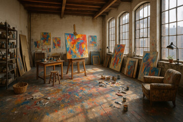 Room filled with colorful paint splatters.