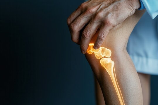 An orthopedic surgeon examines x-ray and MRI scans of a patient's knee joint, utilizing technology to assess conditions and plan treatment effectively