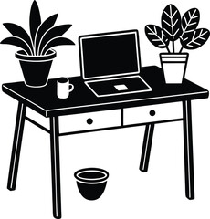 Remote work vector silhouette illustration Modular Workspace with Customizable Desk and Laptop