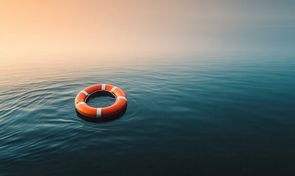 A lifebuoy drifts peacefully on the water during dusk, surrounded by a tranquil sea. Soft hues of orange and blue create a calming atmosphere, evoking safety