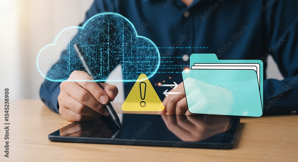 Poster Man using tablet with cloud icon folder and warning sign for data transfer and cyber security concept