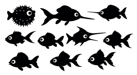 Collection of stylized fish silhouettes for marine-themed design