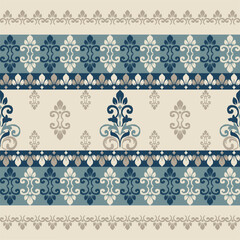 Elegant ikat-damask-style textile designs in cream, blue, and soft gray tones. Perfect for wallpaper borders, classic fabric patterns, and luxury decorative projects.
