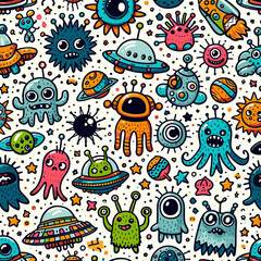 Funny alien, monster, ufo, planets and stars colorful doodle cartoon seamless pattern. Pattern swatch ready in vector color swatch panel. Can be used for interior wallpaper, wrapping paper, poster, wa