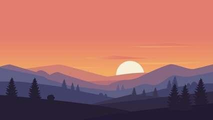 Scenic sunset over mountain peaks with warm glowing sky and peaceful natural atmosphere.

