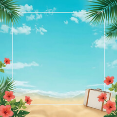 frame with tropical beach and tropical flowers