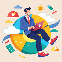 Successful Businessman Working on Laptop, Data Analysis Vector Illustration