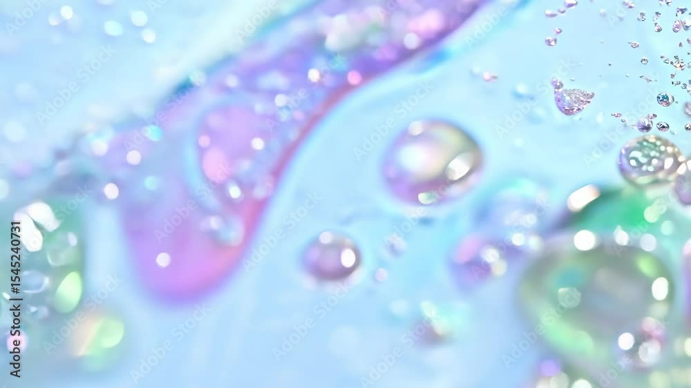 Poster dynamic drops of holographic glitter in pastel violet oil or ink diffusing through water, creating a