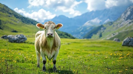 A white cow standing in a lush green meadow with rocky outcrops in the background, under a clear blue sky with some clouds.