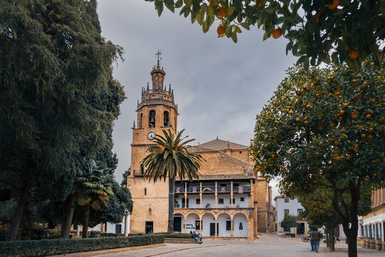 Plaza Duquesa de Parcent, Iglesia de Santa Maria la Mayor and orange trees on cloudy day, Ronda, Spain