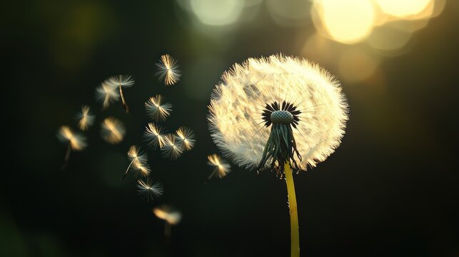 Close up of dandelion with seeds blowing off, set against a dark background