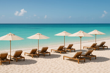Lounge chairs and umbrellas on the beach.