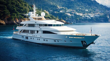 A luxurious yacht with a white hull and blue accents, anchored in calm waters with a backdrop of a rocky shoreline and distant mountains.