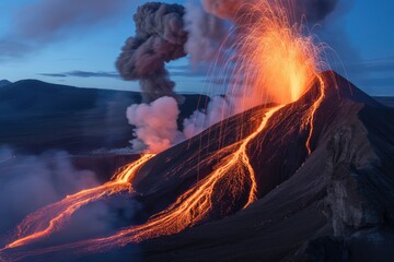 Erupting volcano at dusk with glowing lava and volcanic ash cloud scenic landscape