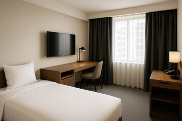 Bed with white linens, desk with chair, and TV in hotel room.