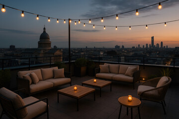 String lights shimmer over rooftop patio furniture.