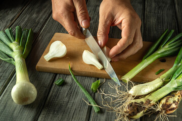 Hands skillfully slice fresh green onions on a cutting board. The rustic kitchen setting is...