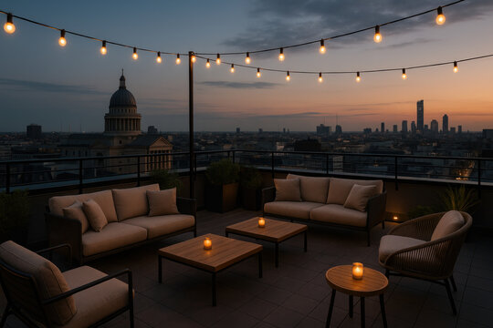 String lights shimmer over rooftop patio furniture.