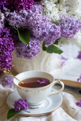A bouquet of lilacs on the table and a cup of tea.