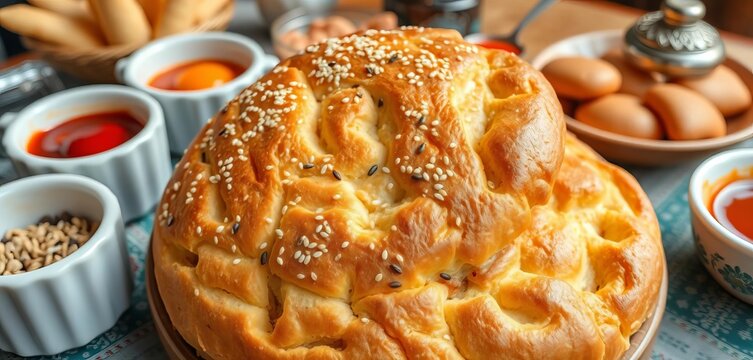 Golden-brown crusty bread, sesame seeds, Ramadan breakfast table setting,   lahoh,   challah