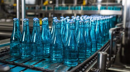 Glass water bottles on industrial conveyor line inside manufacturing factory for beverage production process photography