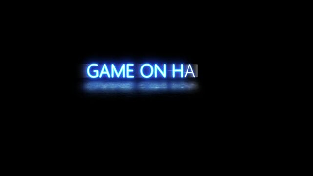 Glowing Blue "GAME ON HA" Text with Reflection on Dark Glossy Background