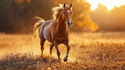 A brown horse galloping through a golden field with a sunset in the background.