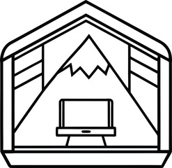 Remote work vector Line art illustration Mountain Retreat Workspace with Scenic Cabin View