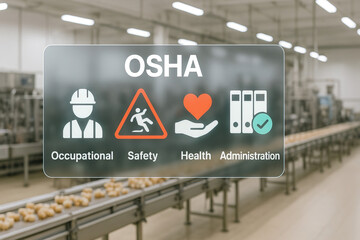 Occupational safety health administration concept in food processing factory, icons and text overlay on production line background, promoting workplace safety and compliance