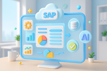 Cloud SAP software dashboard, data artificial intelligence, office technology digital analysis. Cloud software dashboard with data analysis and artificial intelligence icons modern office representing