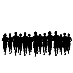 Group of people running in silhouette on white background  
