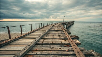 Old wooden pier extending into calm ocean under cloudy sky  