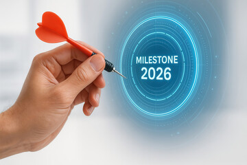 Hand dart milestone target, futuristic digital 2026, achievement goal, success business, technology blue planning, progress strategy, innovation concept, vision motivation leadership