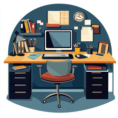 Fototapeta premium Illustration of a computer, office desk with computer., illustration of office desk