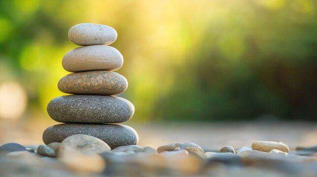 A stack of five stones in a natural outdoor setting with a blurred green background.