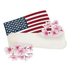 Obraz premium United States of America flag and flowers. White ribbon for text. Pink cherry blossoms. Washington D.C. Cherry Blossom Festival. Watercolor illustration. Hand drawn.
