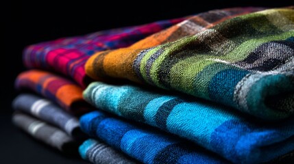 Fototapeta premium Stack of multicolored wool fabrics folded on surface for fashion textile material product branding and commercial photography