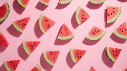 Watermelon slices arranged in a grid pattern on a pink background with a subtle shadow effect. The watermelon slices are vibrant red and