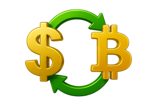 Glossy 3D Circular Arrows Icon Looping Between Dollar and Bitcoin Symbols – Financial Concept