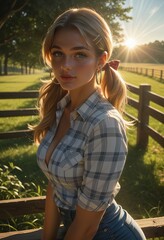Attractive and sexy woman with big boobs posing in stylish clothes with cleavage, looking pretty and cute