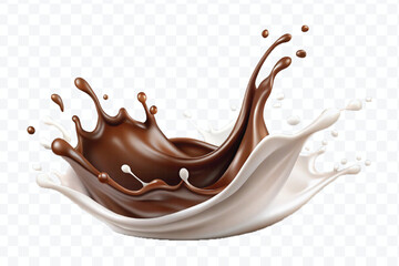 abstract 3d smooth liquid chocolate with white milk splash in crown style isolated on transparent background	
