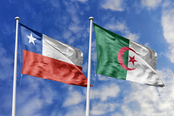 Chile and Algeria Flags Waving in Harmony Against a Blue Sky