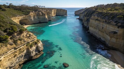 Fototapeta premium Aerial view of turquoise waters and cliffs along the coastline 