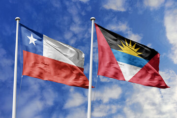 Chilean and Antiguan Flags Waving Together Under a Bright Sky