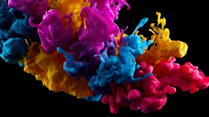 Fototapeta premium Colorful abstract powder explosion captured mid air on black background used for artistic vibrant branding photography