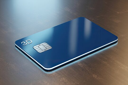 Modern 3d render of a blue credit card with integrated chip on metallic surface representing financial transactions