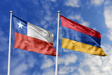 Flags of Chile and Armenia Waving Together Against a Blue Sky, Symbolizing Diplomatic Relations and International Friendship