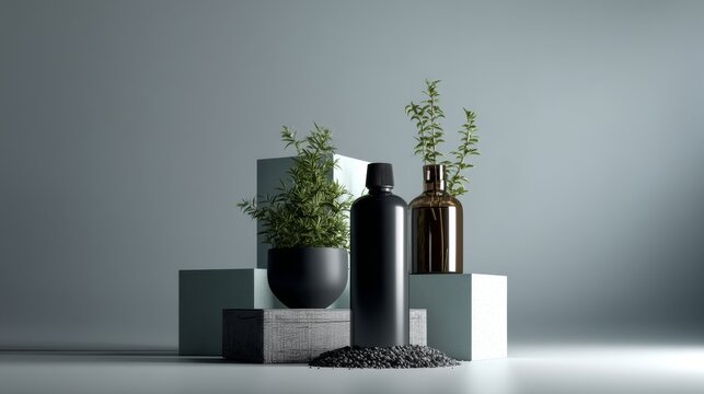 Minimal scene with black and white geometric blocks and green plant used for modern interior branding photography
