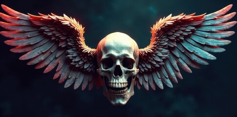 Intricate skull adorned with large, feathered angel wings , hell, life, bone