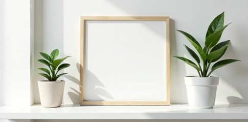 Simple picture frame on white shelf next to small potted plant, lifestyle, house